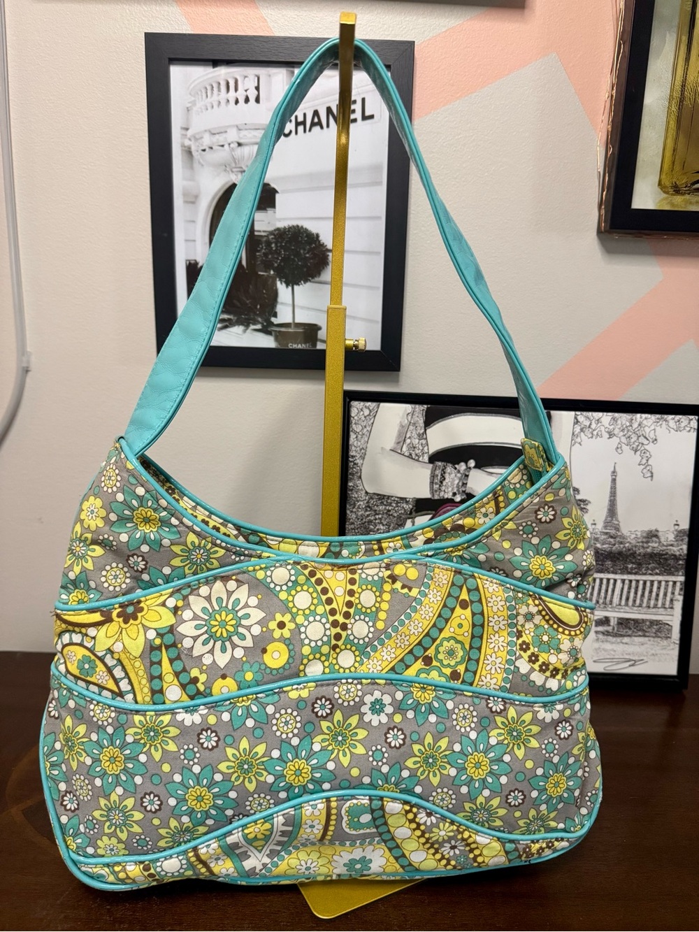 Vera Bradley Floral Hobo Bag in Aqua and Yellow